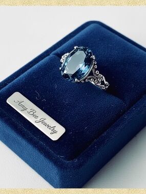 Antique Silver Plated London Blue Topaz Oval Gemstone Ring. New.